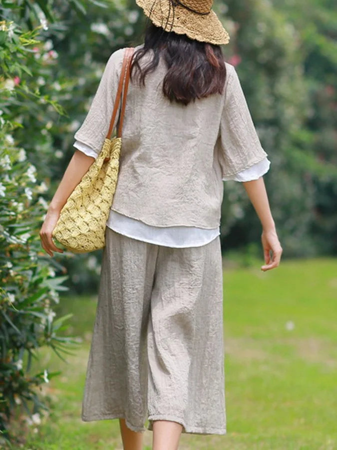 Casual Cotton-Linen Jumpsuit with V-Neck for Women