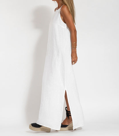 Chic Sleeveless Long Linen Dress in Solid Color