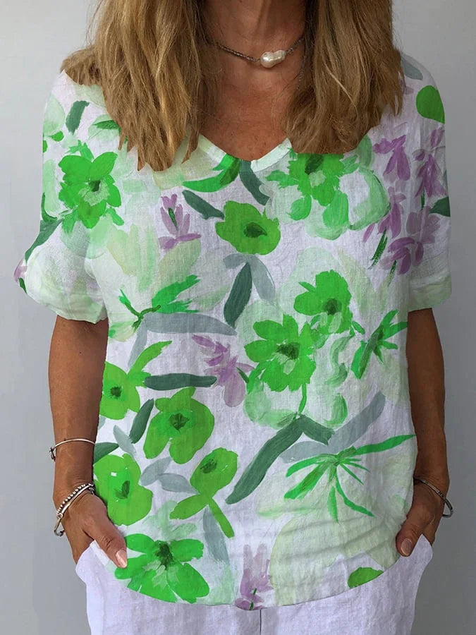 Vintage-Inspired Floral V-Neck Cotton and Linen Top for Women