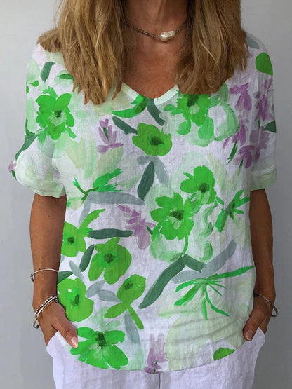 Vintage-Inspired Floral V-Neck Cotton and Linen Top for Women