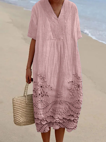 Linen Blend Flowy Dress with Cottage Floral Embroidery and Lace Hem