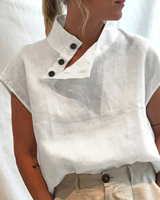 High-Collar Button-Up Blouse - Modern Minimalist Chic