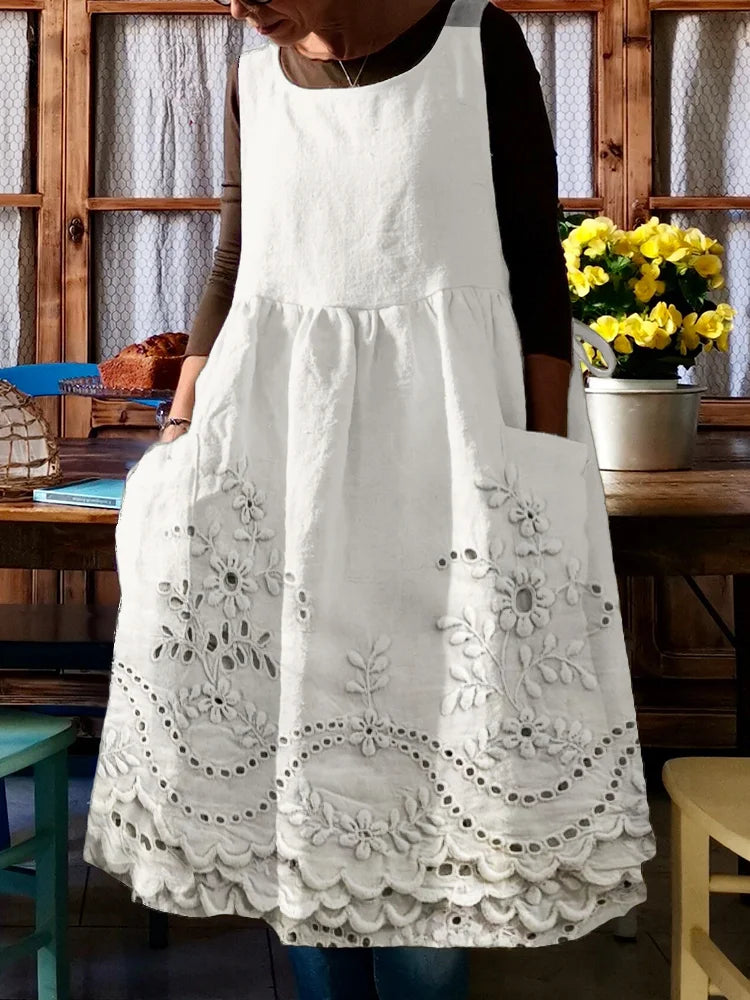 Vintage Lace Hem Floral Embroidery Cottage Pinafore Dress