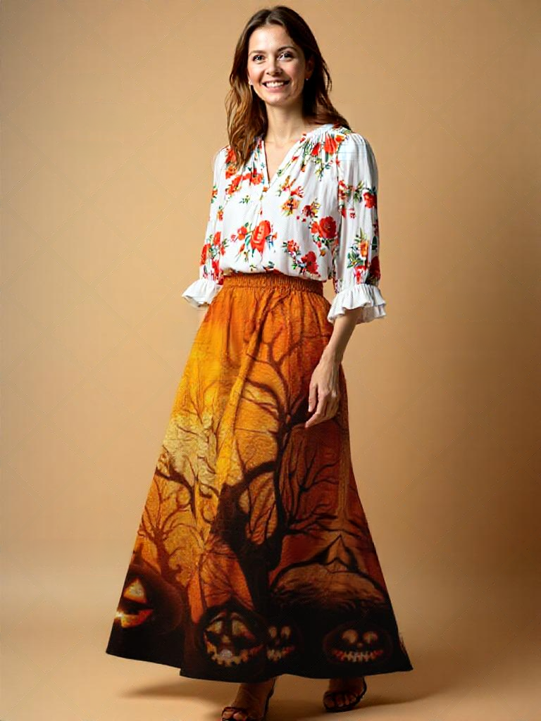 A-line Skirt – Vintage Floral Print & Elastic Waist