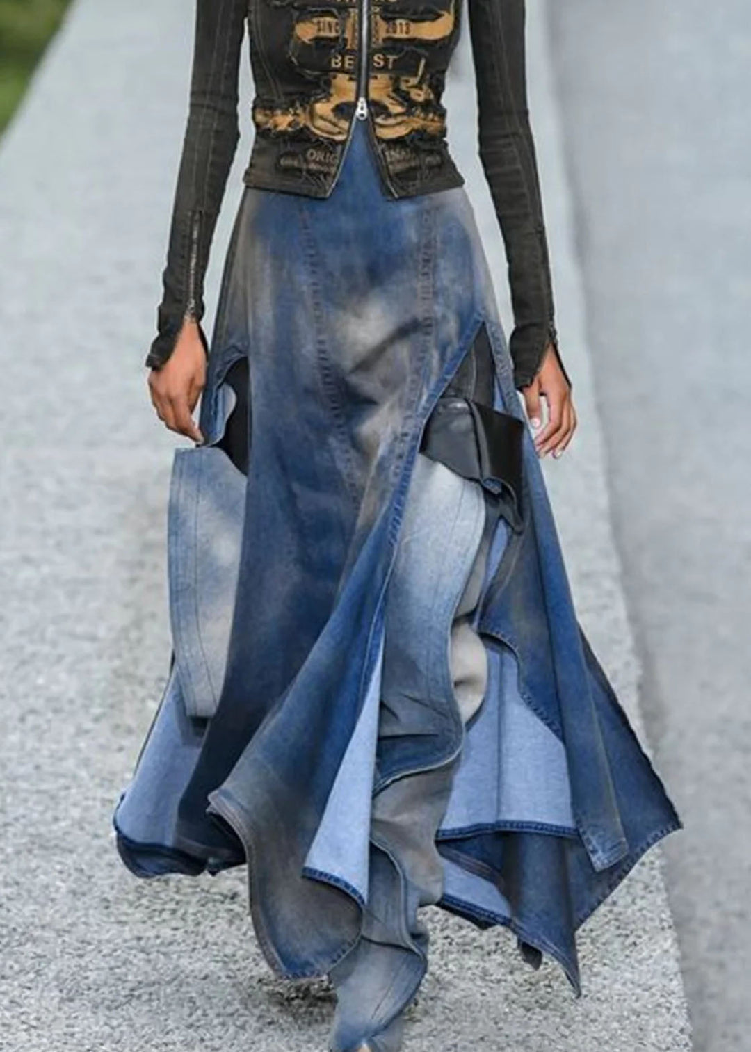 Denim-Blend Skirt - Patchwork Design & Asymmetric Hem
