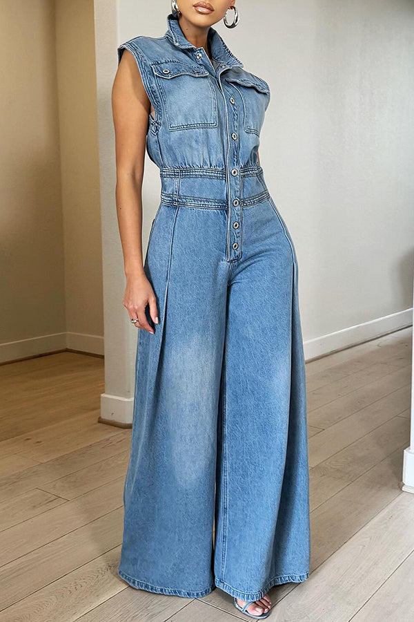 Denim Jumpsuit - Button Front & Wide-Leg Shape