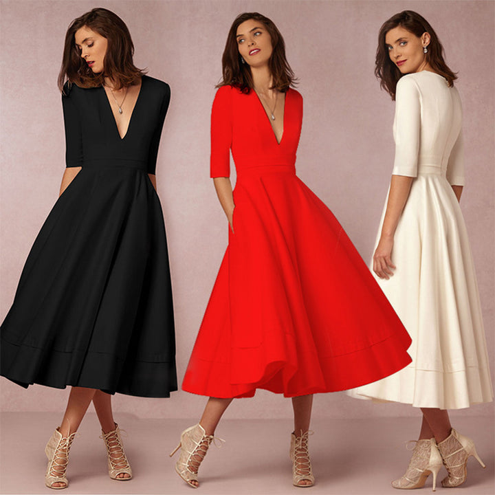 Evening Dress – Deep V Neckline & Flowing Skirt Design
