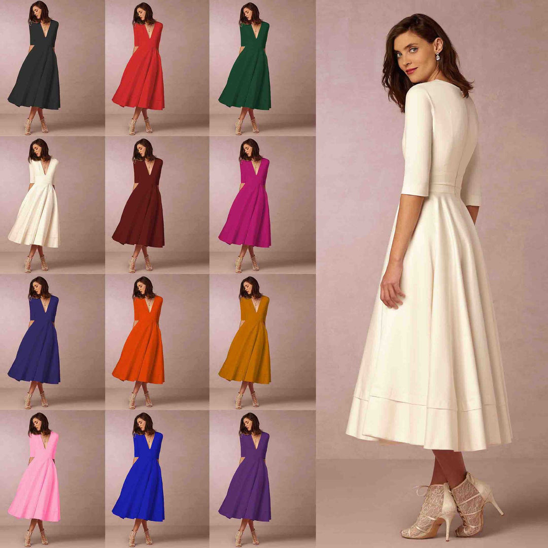 Evening Dress – Deep V Neckline & Flowing Skirt Design