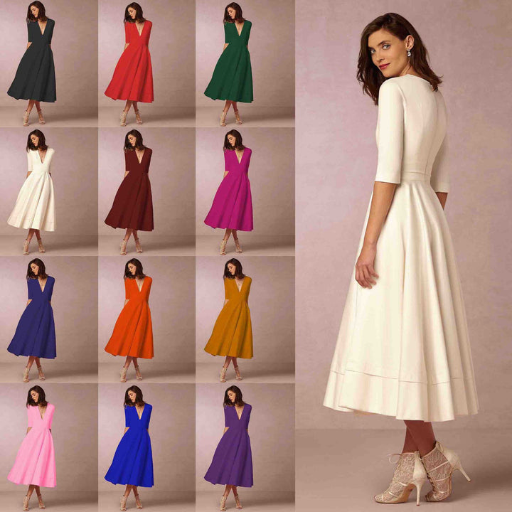 Evening Dress – Deep V Neckline & Flowing Skirt Design