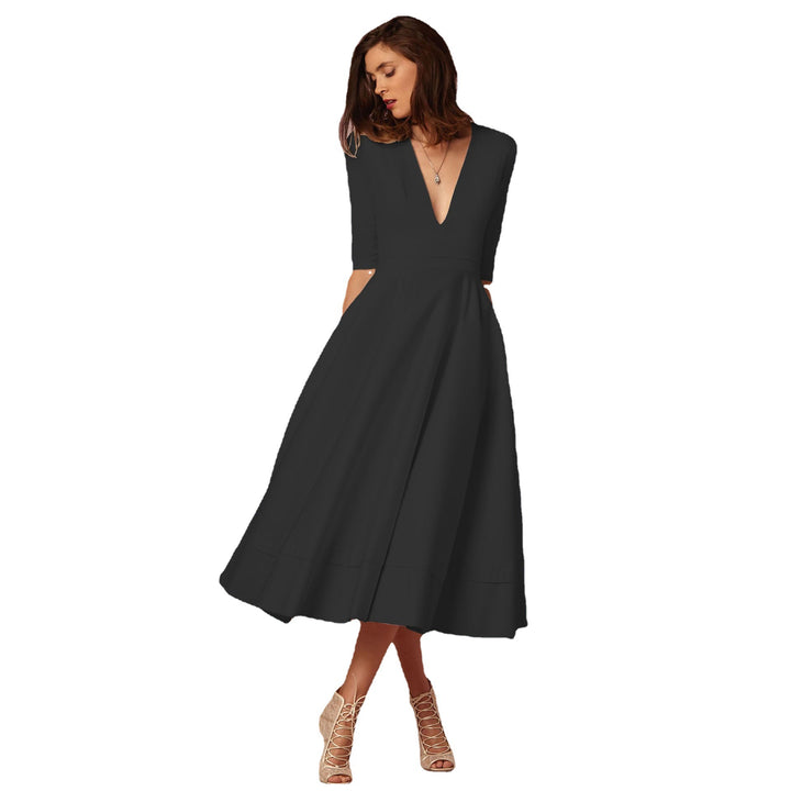 Evening Dress – Deep V Neckline & Flowing Skirt Design