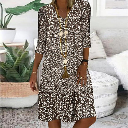 Oriana - Brown and White Prairie-Style Mini Dress with Abstract Pattern