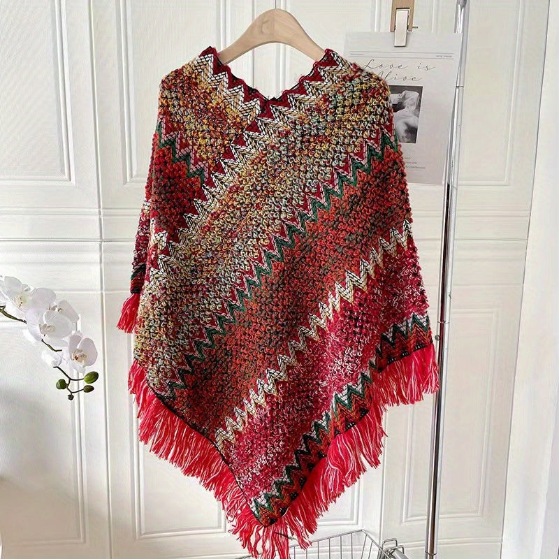 Long Pullover Shawl – Striped Design & Warm Coverage