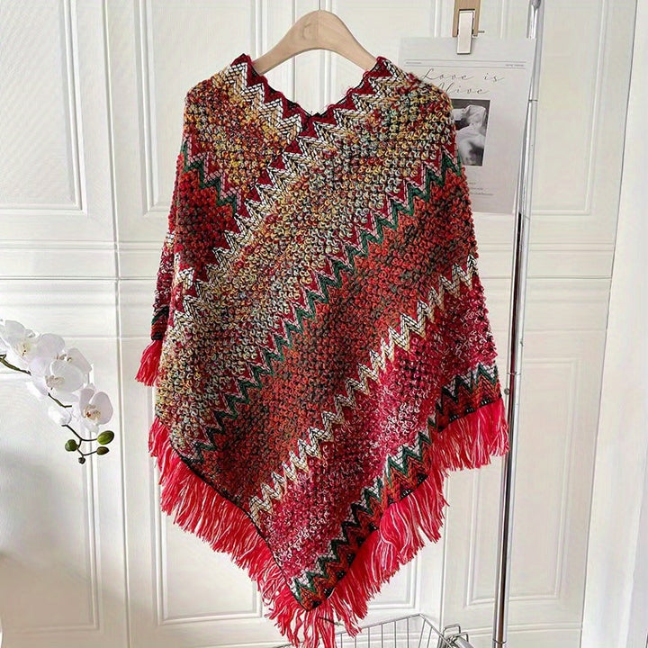 Long Pullover Shawl – Striped Design & Warm Coverage