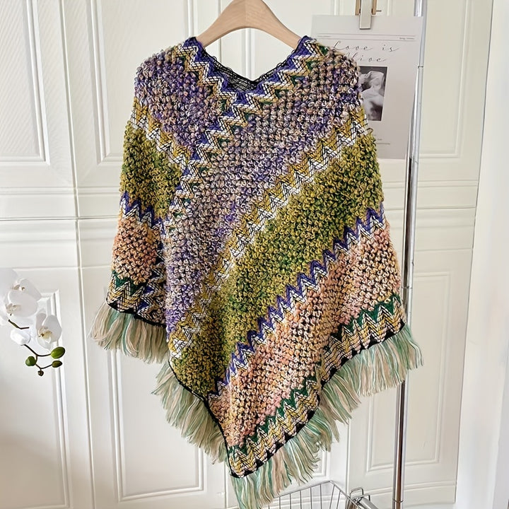 Long Pullover Shawl – Striped Design & Warm Coverage