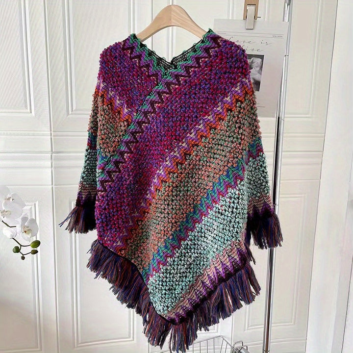 Long Pullover Shawl – Striped Design & Warm Coverage