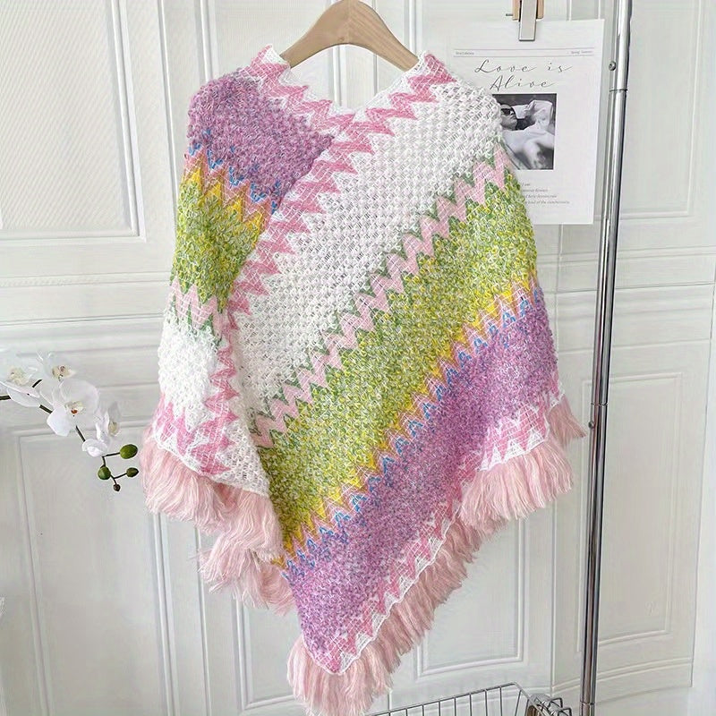 Long Pullover Shawl – Striped Design & Warm Coverage