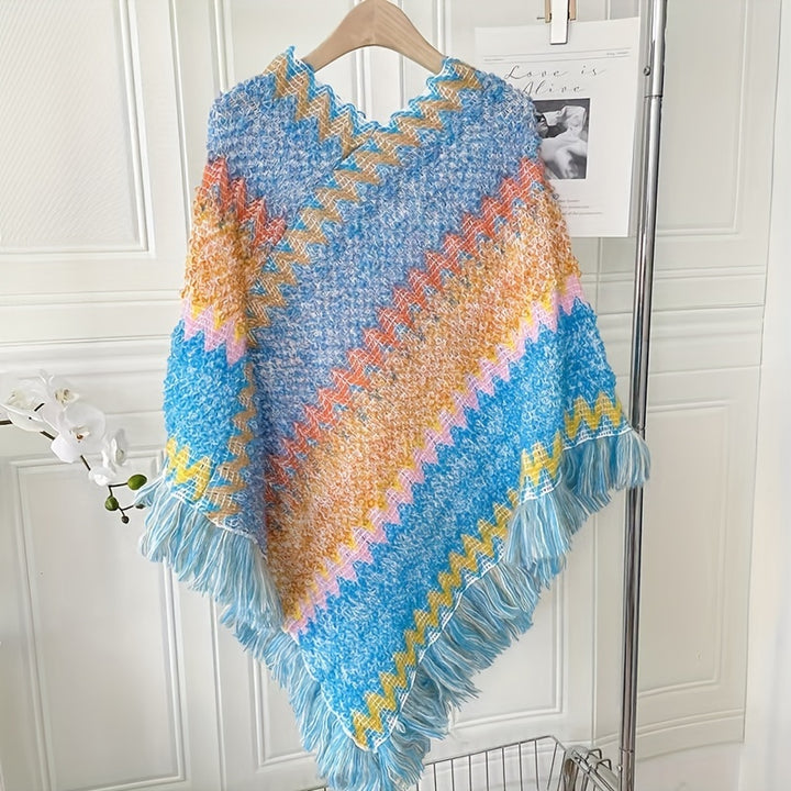Long Pullover Shawl – Striped Design & Warm Coverage