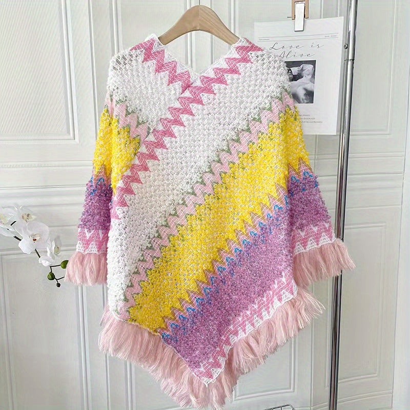 Long Pullover Shawl – Striped Design & Warm Coverage