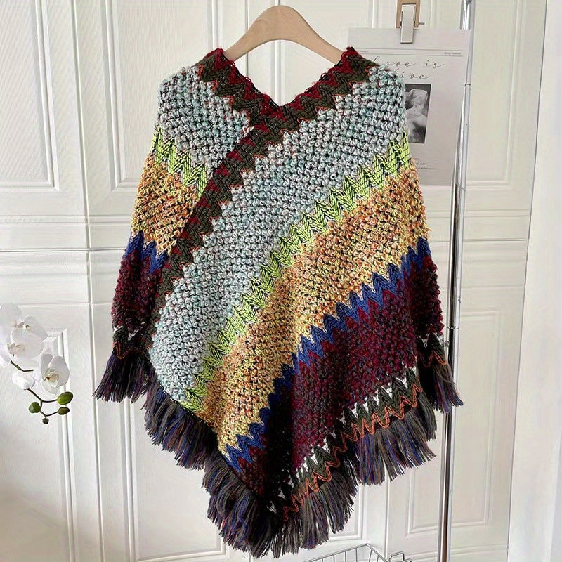 Long Pullover Shawl – Striped Design & Warm Coverage