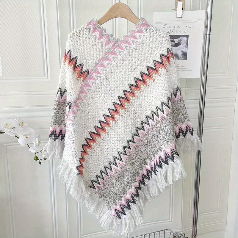Long Pullover Shawl – Striped Design & Warm Coverage