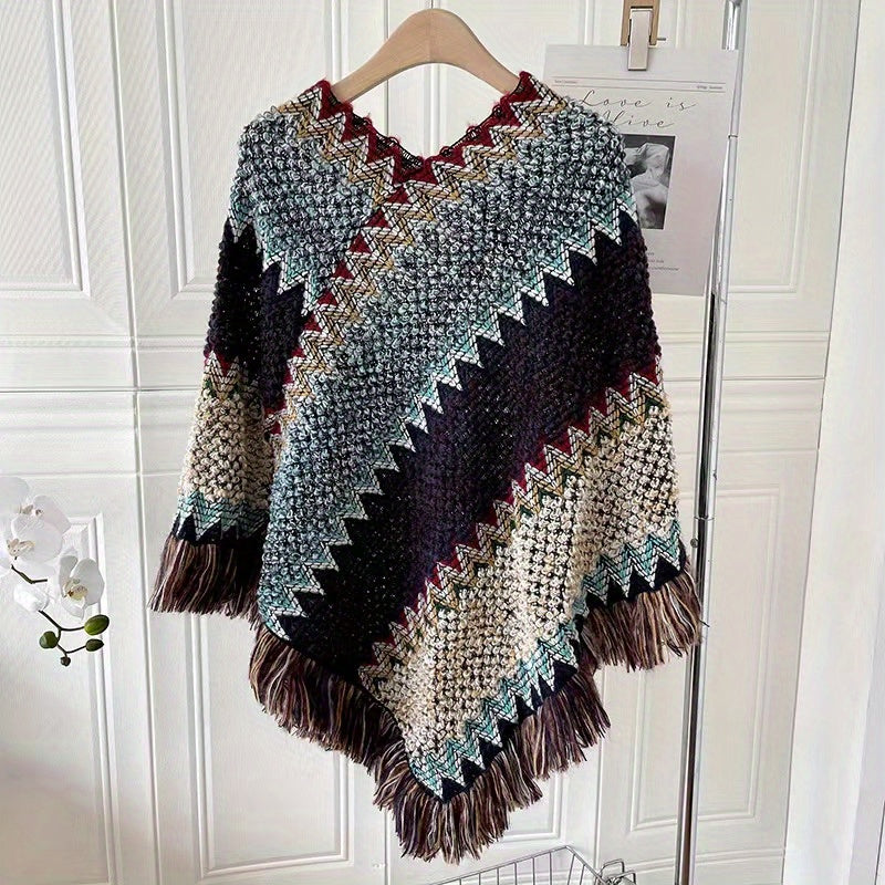 Long Pullover Shawl – Striped Design & Warm Coverage