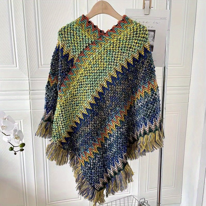 Long Pullover Shawl – Striped Design & Warm Coverage