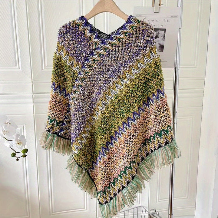 Long Pullover Shawl – Striped Design & Warm Coverage