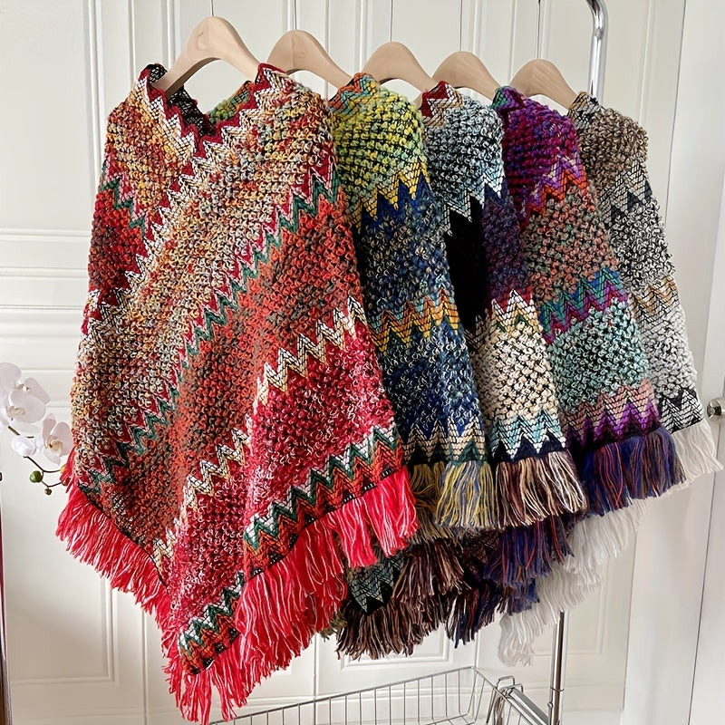 Long Pullover Shawl – Striped Design & Warm Coverage