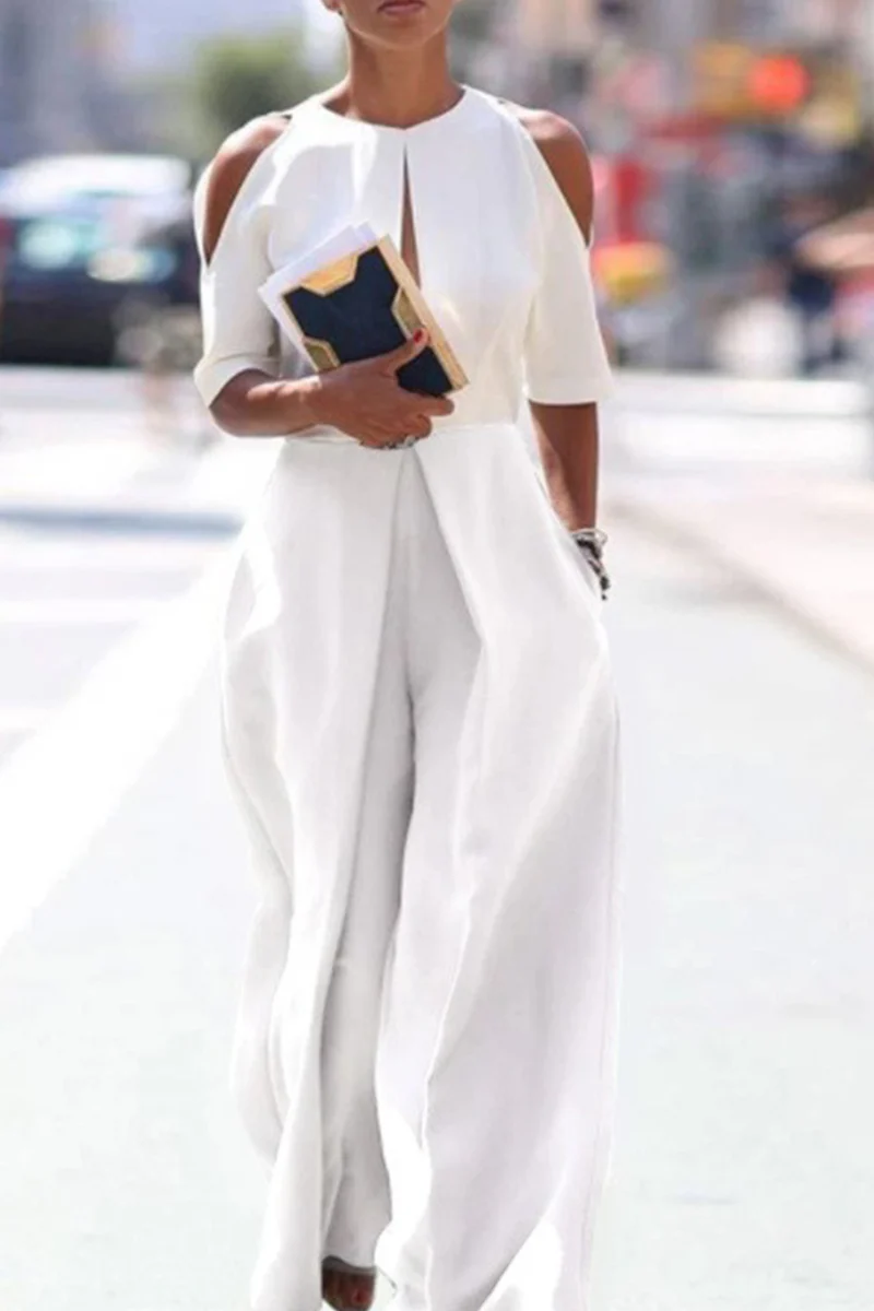 Polyester-Blend Jumpsuit - Wide-Leg Cut & Split Neckline