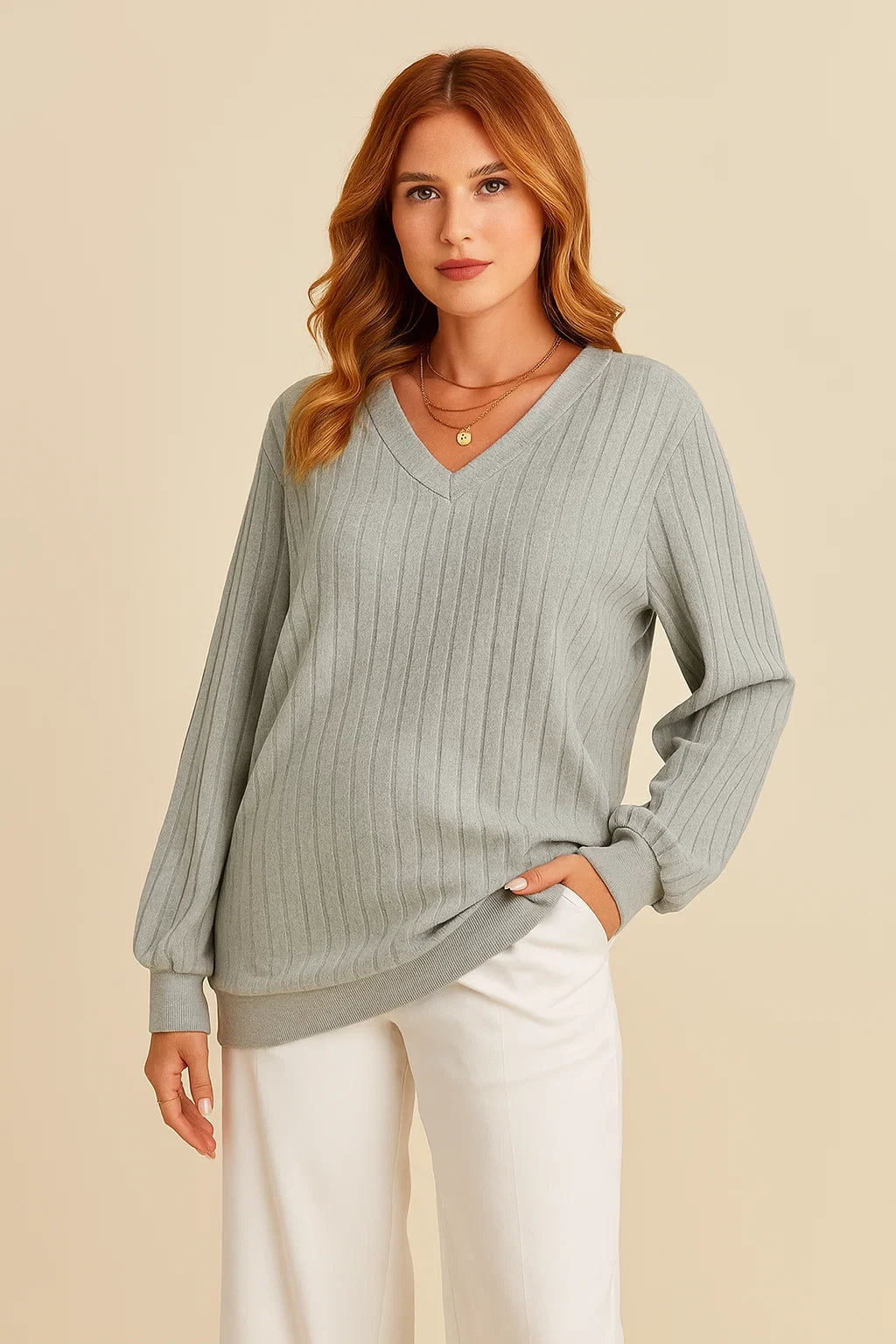 Ribbed V Neck T-Shirt – Long Sleeves & Soft Feel