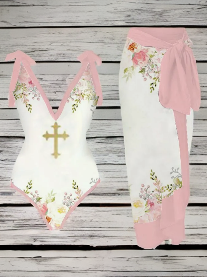 Pritzel - Floral Painting-Inspired Swimwear Set with V-Neck Design