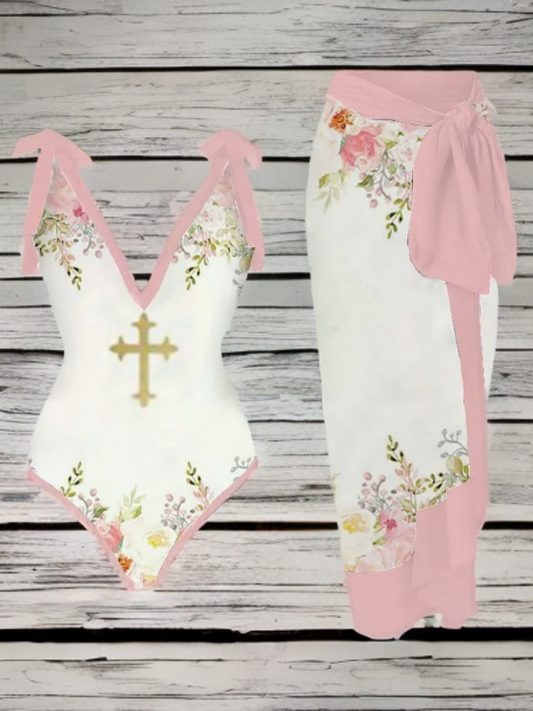 Pritzel - Floral Painting-Inspired Swimwear Set with V-Neck Design