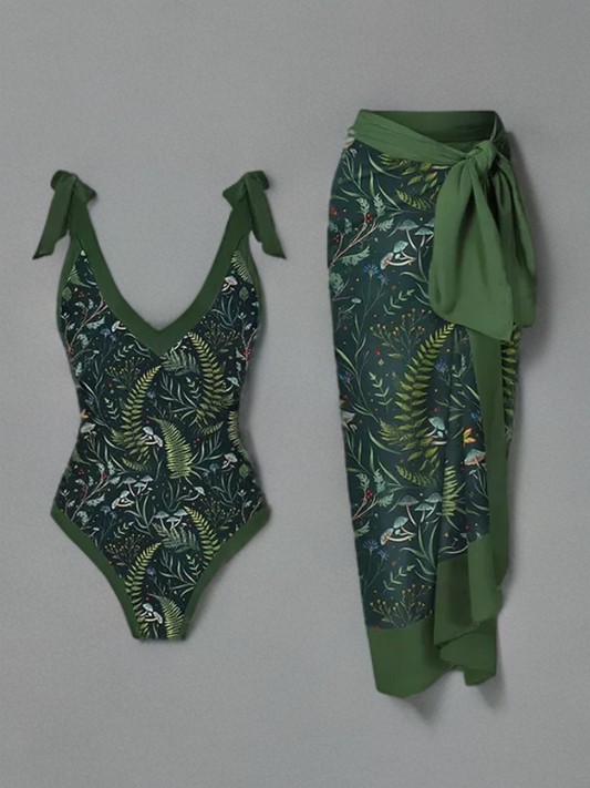 Jizel - Women's Tropical Botanical Print Swimsuit Set