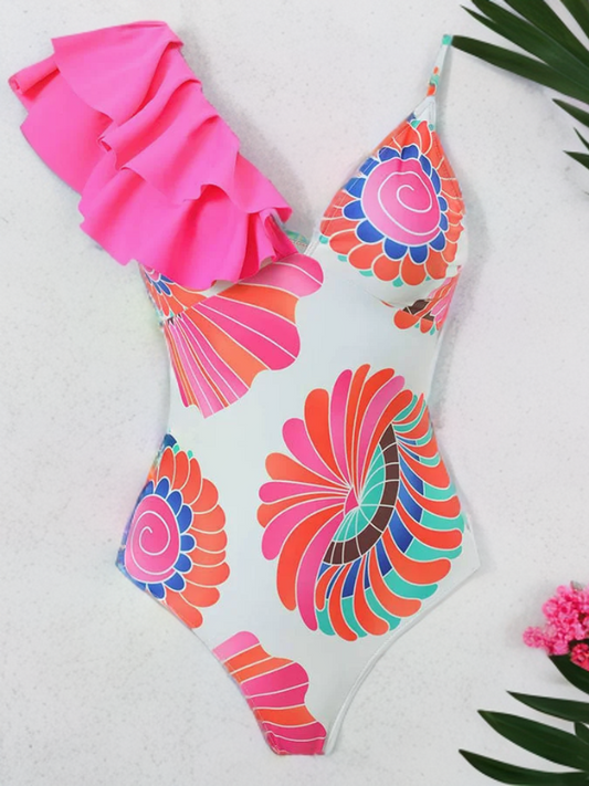 Jhernel - Vintage Ruffled Swimsuit with Colorful Print