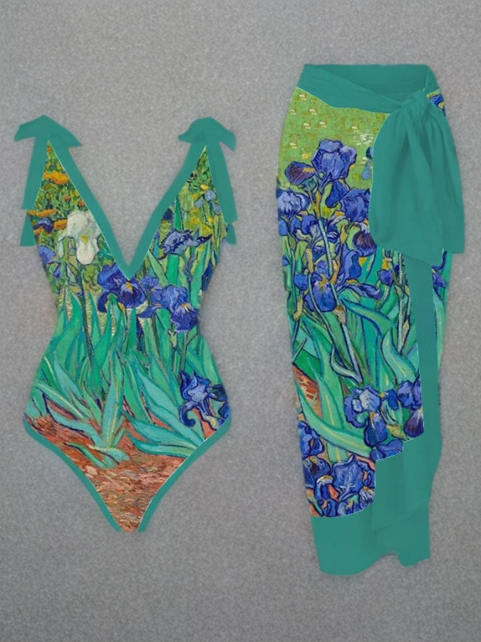 Ashley - Floral Oil Painting V-Neck Swimsuit