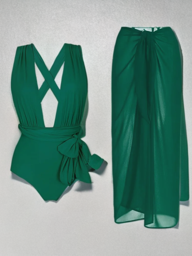 Zyrah - Stylish Green Swimsuit with Wrap Cover-Up