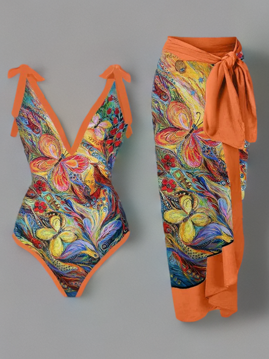 Meredith - Butterfly Print Swimsuit with V-Neck Design