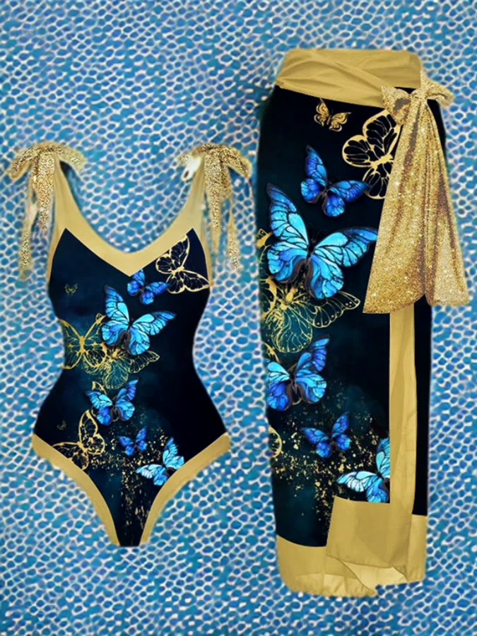 Xian - Butterfly Print Swimsuit with V-Neck