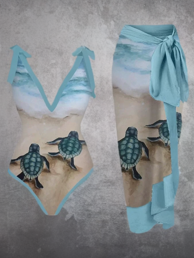 Lai - Turtle Print Swimsuit Set for Resort Adventures