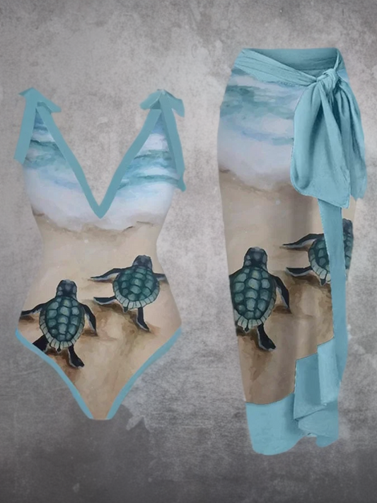 Lai - Turtle Print Swimsuit Set for Resort Adventures