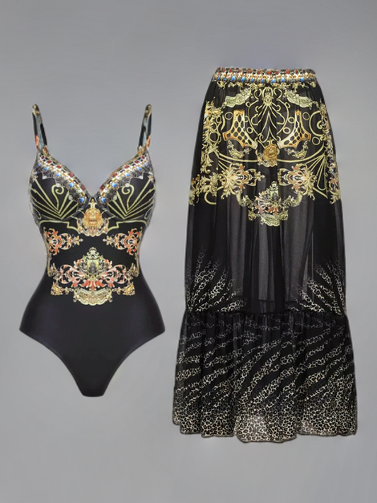 Yhenna - Floral Print One-Piece Swimsuit and Matching Sarong Set