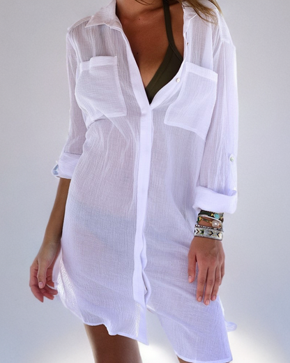 Ruebilyn - Summer Chic Beach Blouse with Gathered Details and Button Closure