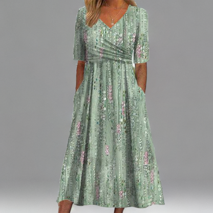 Giade - Green Midi Dress with Floral Print and Pockets