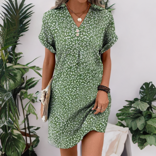 Emmaline - Green Mini Dress with Short Sleeves and V-Neck