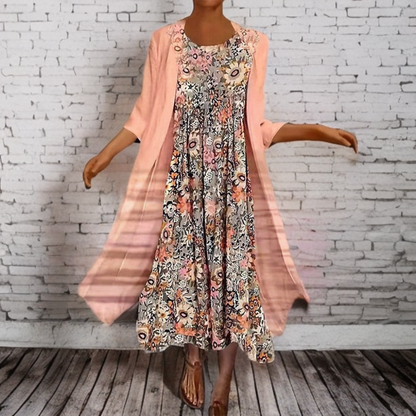 Fawn - Pink Midi Dress with Lightweight Cardigan - Two-Piece Set