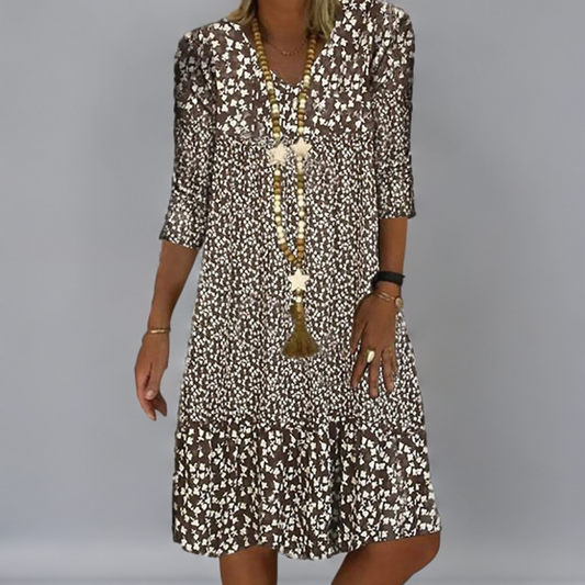 Oriana - Brown and White Prairie-Style Mini Dress with Abstract Pattern