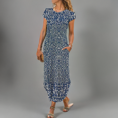 Paloma - Navy Blue and White Floral Print Maxi Dress with Round Neck