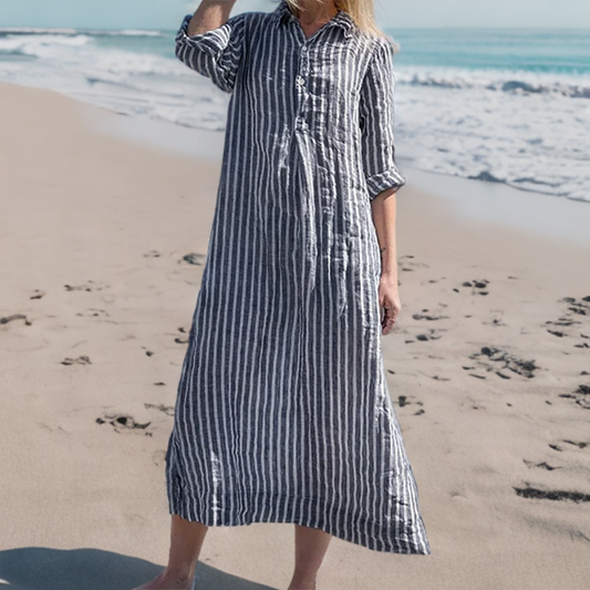 Orla - Striped Comfortable Maxi Dress with Asymmetrical Cut in Casual Style