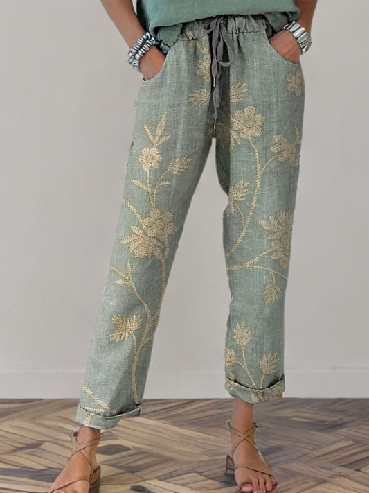 Amanda | Retro Floral Cotton & Linen Trousers