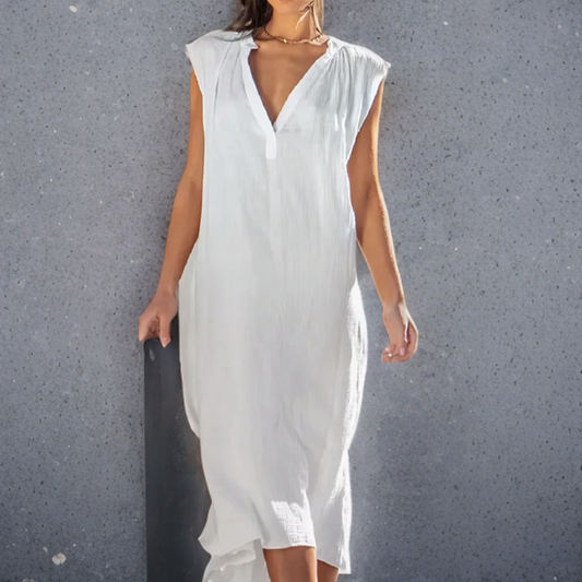 Viviette - Sleeveless Cotton-Linen Dress with V-Neck and Fitted Waist